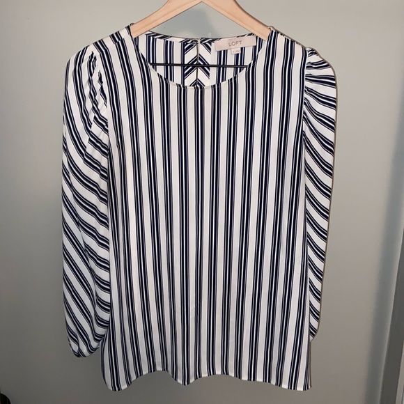 LOFT Tops - LOFT Navy White Stripe Blouse M Balloon Sleeve Nautical Coastal Chic